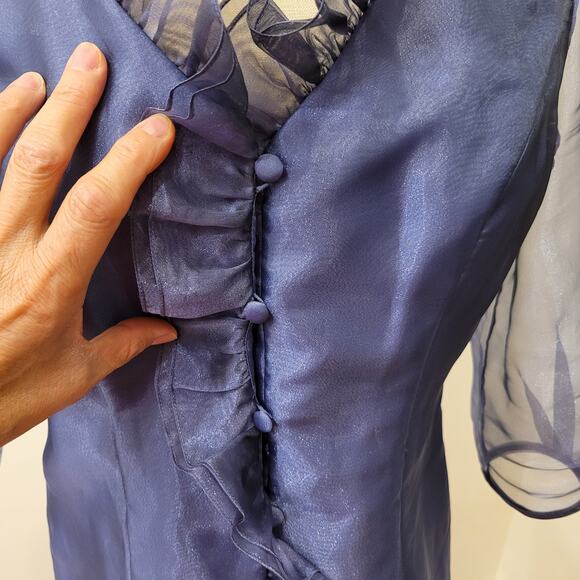 Alex Evenings Sheer Sleeve Shimmery Ruffle V-Neck Top Blouse Sz M Purple Dressy - Picture 7 of 11